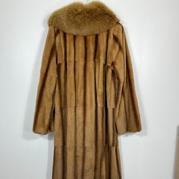 Elegant SHEARED MINK fur coat FOX collar brown light Medium 53" Length 1454 - Picture 5 of 6